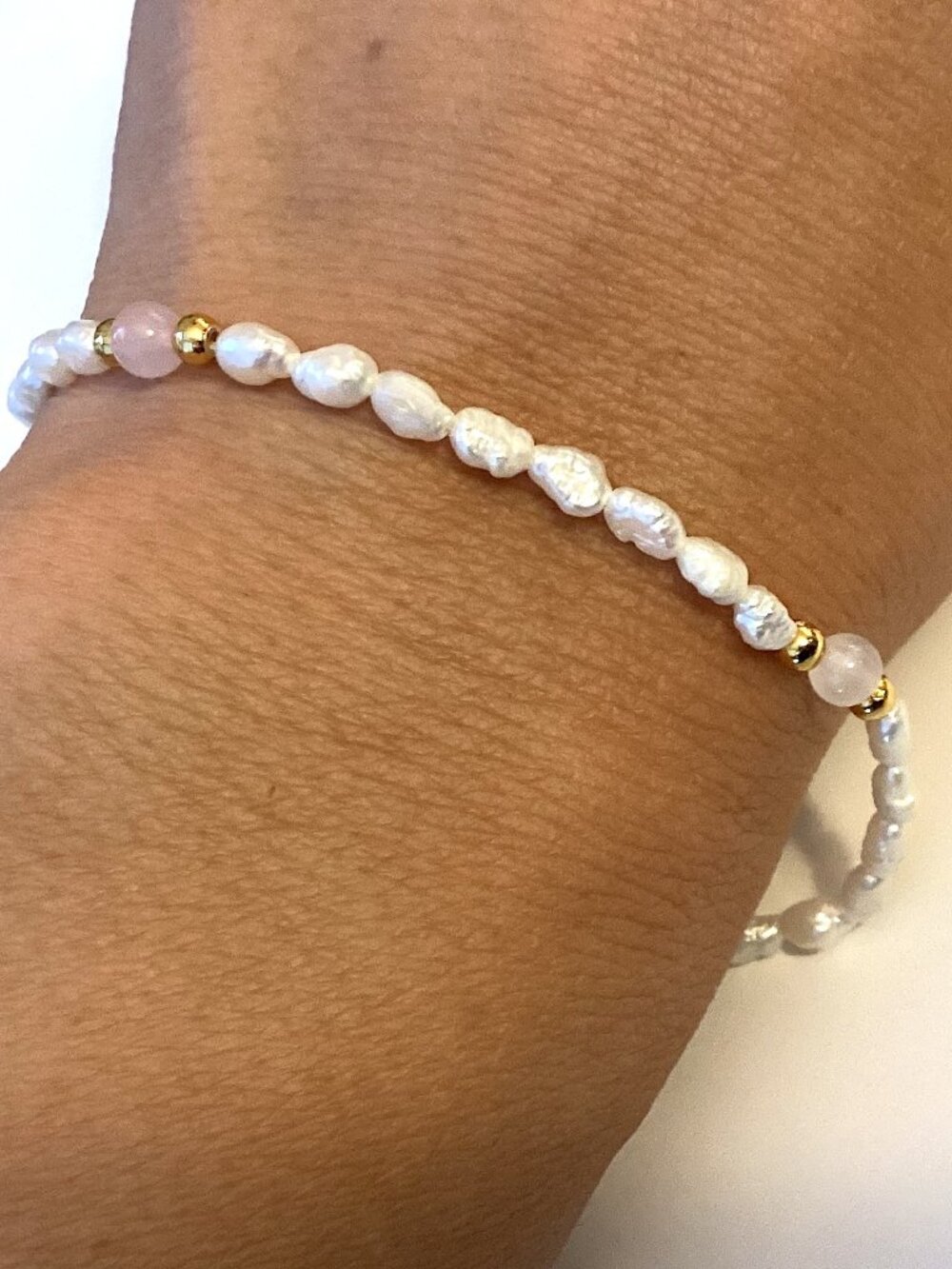 Freshwater Pearl and Rose Quartz Bracelet, Gold Tone, Dainty Jewelry, Medium